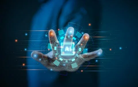 Humans are using technology, smart robot AI circuit boards, and entering a .. Stock Photos