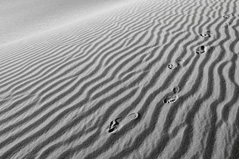 Humans foot prints in the sand, black and white background Stock Photos
