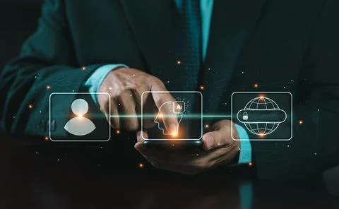 Humans use AI in their work to help maximize efficiency. Human command thro.. Foto stock