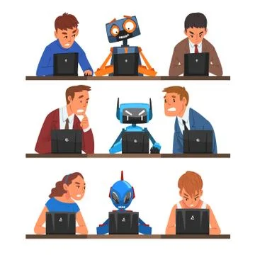 Humans vs Robots Set, People and Androids Working Hard Together with Laptop Stock Illustration