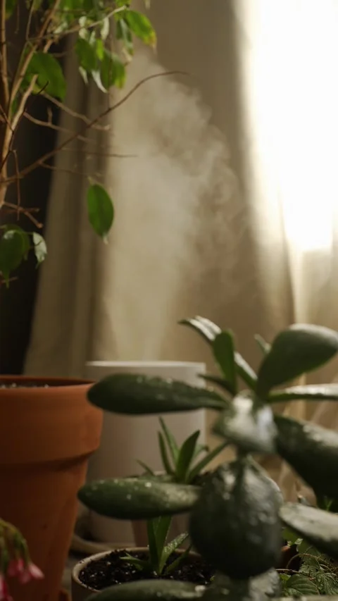 Humidifier steam diffusing in cozy home environment Stock Footage 303844794