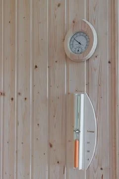 Humidity meter and timer in the sauna room 스톡 사진