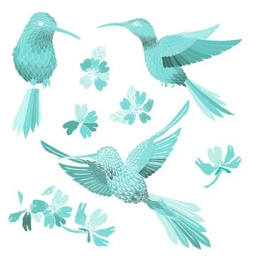 Hummingbird and flowers illustration with solid vector isolated in pink Stock Illustration