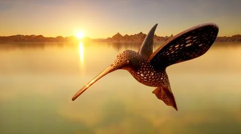 Hummingbird voronoi 3d model flying over lake at sunset. 3d Ilustration. Stock Illustration