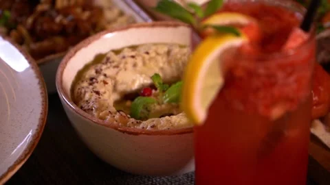 Hummus and Drink Close-Up Stock Footage 318310133