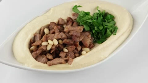 The hummus with beef meat and pine nuts Stock Footage 58006065