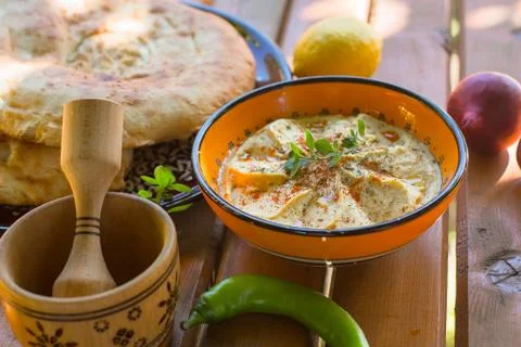 Hummus with bread Stock Photos