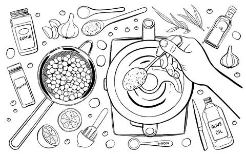 Hummus Cooking Elements Set. Outline Hand Draw Vector Illustration Stock Illustration