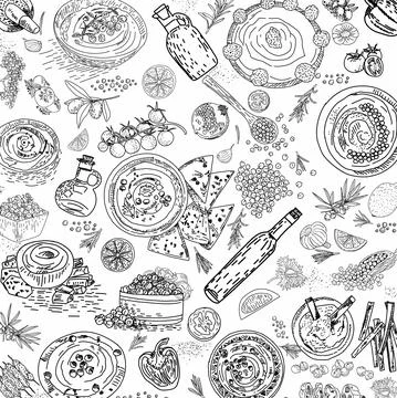 Hummus hand drawn vector seamless pattern. Stock Illustration