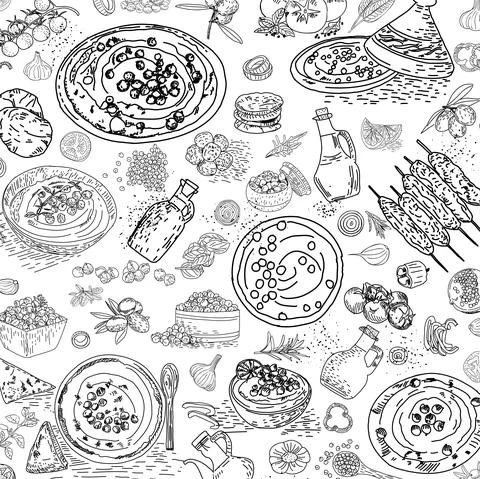 Hummus hand drawn vector seamless pattern. Stock Illustration