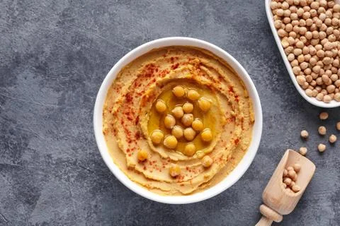 Hummus Israel dip paste close up with paprika, tahini, and olive oil, healthy Stock Photos