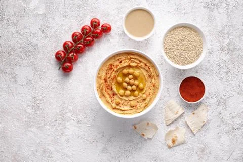 Hummus middle eastern homemade appetizer healthy vegan chickpeas paste dip snack Stock Photos