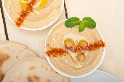 Hummus with pita bread Stock Photos
