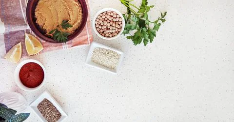 Hummus spread, made from cooked and smashed chickpeas, tahini, olive oil, garlic Stock Photos