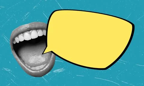 A humorous collage poster featuring an image of a female mouth sharing update Stock Illustration
