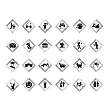 Humorous Road Signs. Vector Diamond Shaped Icons. BBQ, Music, Selfie, Gamer.. Stock Illustration