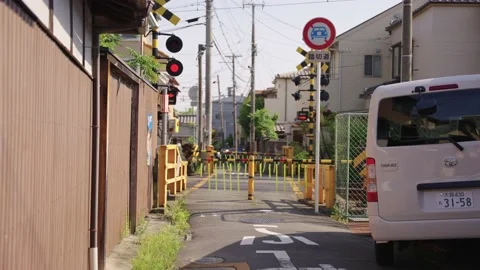 Humorous tiny train travels quickly past small railroad crossing 動画素材 195331957