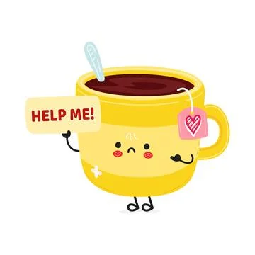 A humorous Yellow Tea Cup character holds a help sign, playfully expressing b Stock Illustration