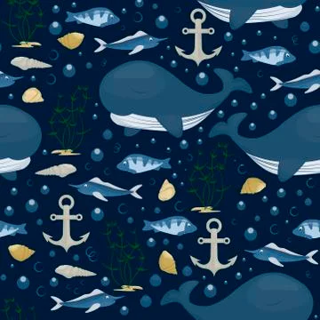 Humpback whale character seamless pattern background. Sea marine mammal ocean Stock Illustration