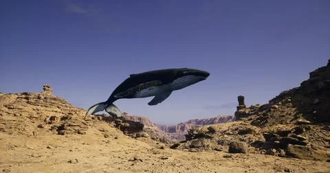 Humpback whale gracefully leaps above a desert landscape at dusk Ilustração Stock