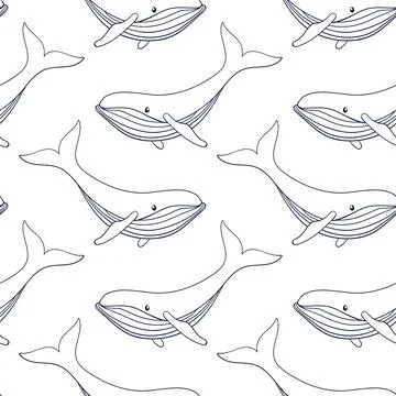Humpback whale seamless pattern in line art style. Undersea animal background Stock Illustration