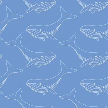 Humpback whale seamless pattern in line art style on a blue background. Undersea Stock Illustration