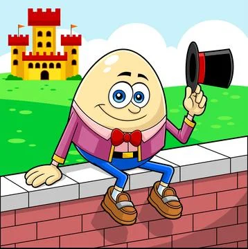 Humpty Dumpty Egg Cartoon Character Sitting On Wall Waving Hat Stock Illustration
