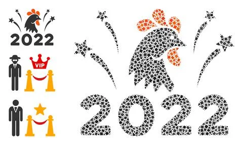 Humpy 2022 Rooster Fireworks Icon Collage Illustrazione stock