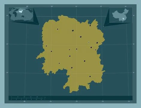 Hunan, China. Solid color shape. Locations of major cities of the region Stock Illustration