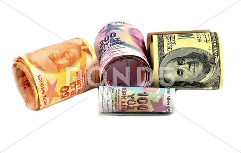 Hundred and two hundred Turkish Lira and dollars on white backgr Stock Photos
