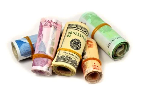 Hundred and two hundred Turkish Lira and dollars on white backgr Stock Photos