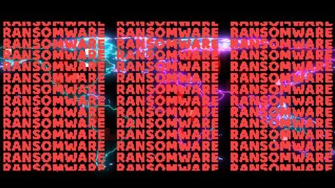 Hundred digital light global map and bold ransomware text full screen. conc.. Ilustración de archivo