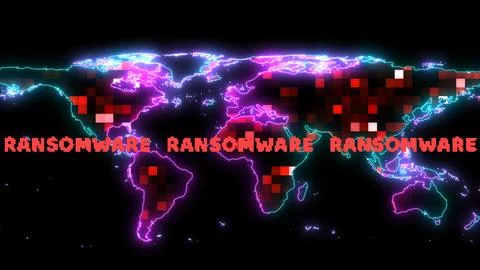 Hundred digital light global map and bold ransomware text. concept hacker u.. Stock Illustration