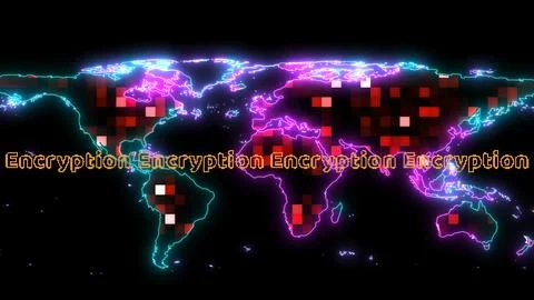 Hundred digital light global map change color to orange and encryption text.. Stock Illustration
