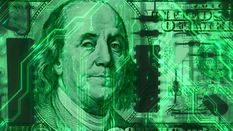A hundred dollar bill blended into a circuit board and microchip Stock Footage 345026630