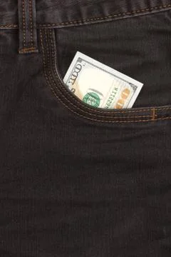 Hundred dollar bill inside front pocket jeans Stock Photos