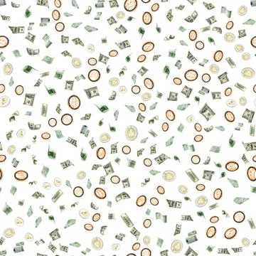 Hundred dollar bill seamless pattern. Falling Euro money, Bitcoin isolated ba Stock Photos
