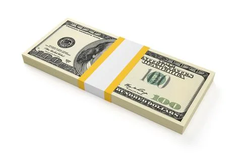 Hundred dollar bill stack isolated on white. 3D rendering. Stock Illustration