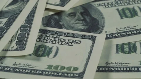 Hundred Dollar Bills Banknotes, macro shot. Rotation of American cash money Stock Footage 134984293