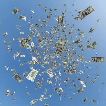 Hundred Dollar Bills Falling from Sky Money Rain Scene on Blue Background f.. Stock Illustration