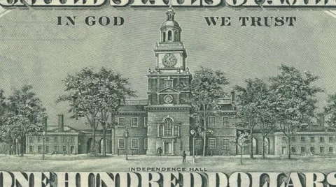 Hundred dollar note reverse zoom out from center showing Independence Hall 4k Stock Footage 61541499