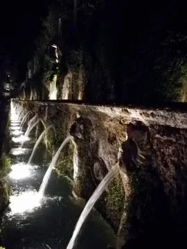 The hundred fountains of Villa d'Este night views. Tivoli Stock Photos