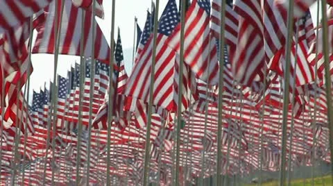 HUNDREDS OF AMERICAN FLAGS PAN Stock Footage 12154714