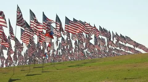 HUNDREDS OF AMERICAN FLAGS IN SLO-MO Video stock 12160969