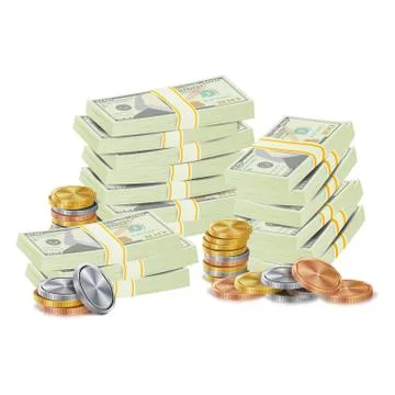 Hundreds Dollars Vector Packing In Bundles Of Bank Notes, Bills, Gold Coins Illustrazione stock