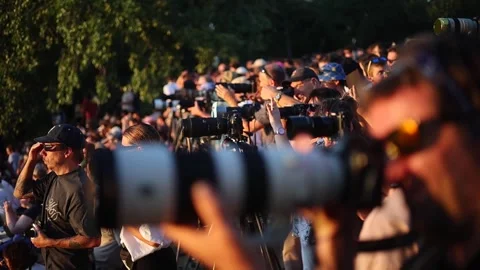 Hundreds of people watch partial solar eclipse from Prague, Praga, CZ - 12 Aug 2 Stock Footage 342076931