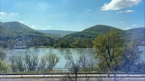 Hungarian Danube panorama. Slow motion video of Danube river and mountains. Stock Footage 333072307