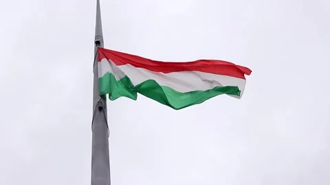 Hungarian flag close-up against a cloudy sky Stock Footage 288211743