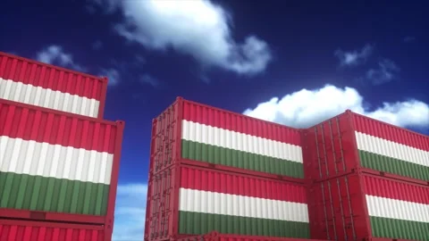 Hungarian Flag Colored Cargo Containers Under Dramatic Blue Sky Stock Footage 334065289