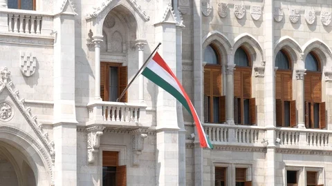 Hungarian flag in the wind rises. Stock Footage 111432675